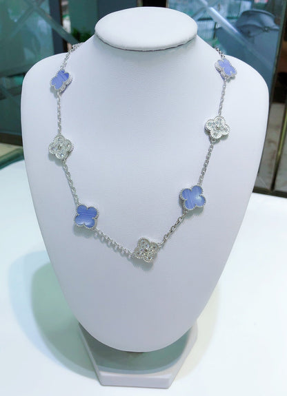 [Opulent Aurora]CLOVER 10 MOTIFS CHALCEDONY DIAMONDS SILVER NECKLACE