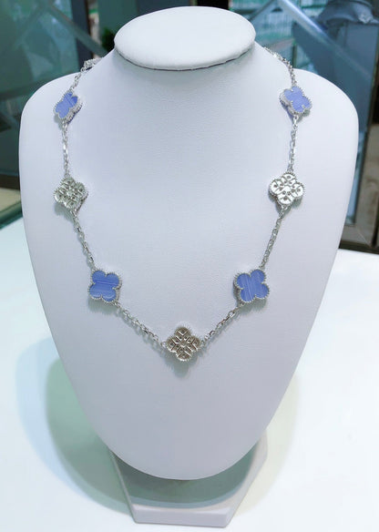 [Opulent Aurora]CLOVER 10 MOTIFS CHALCEDONY DIAMONDS SILVER NECKLACE