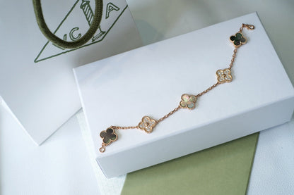 [Opulent Aurora]CLOVER 5 MOTIFS DARK MOP AND DIAMONDS PINK GOLD BRACELET